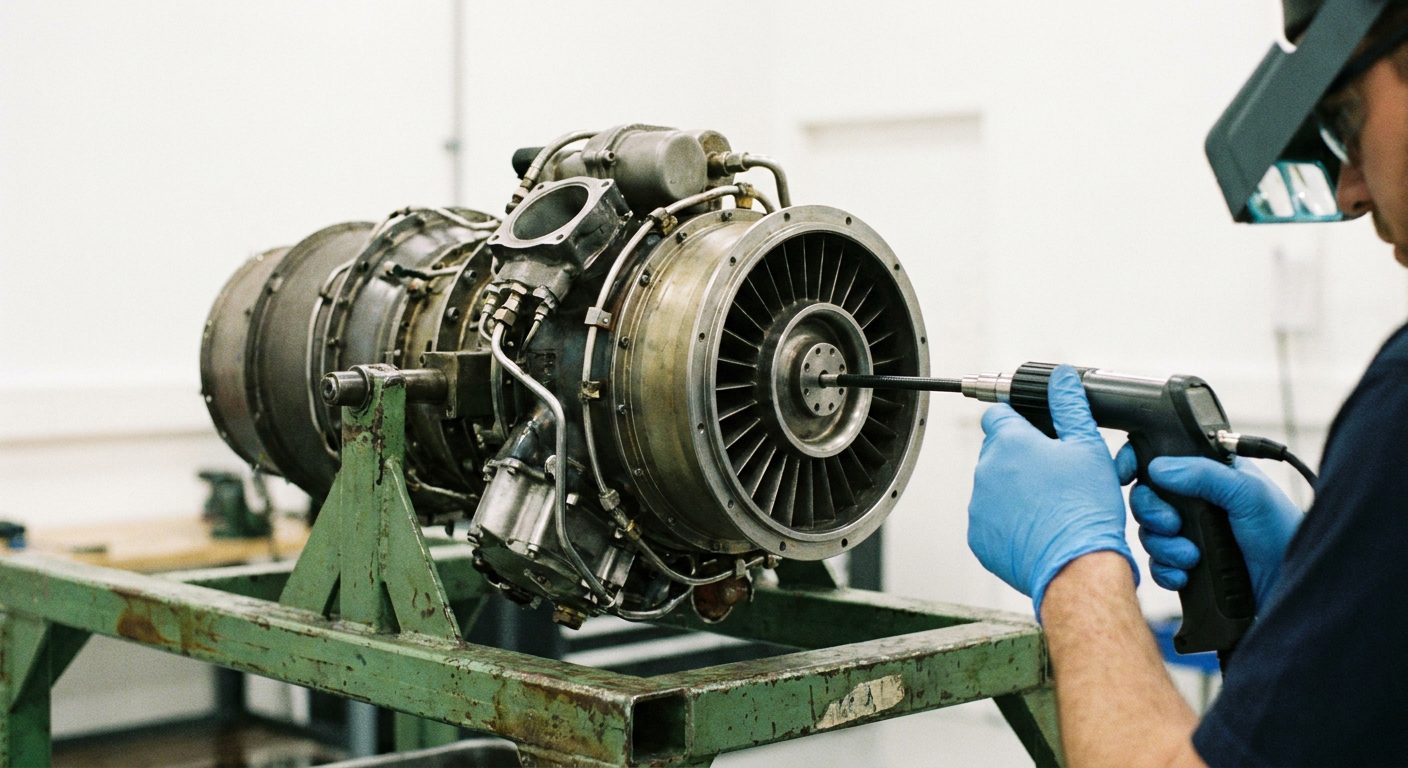 Turboshaft engine on a maintenance stand